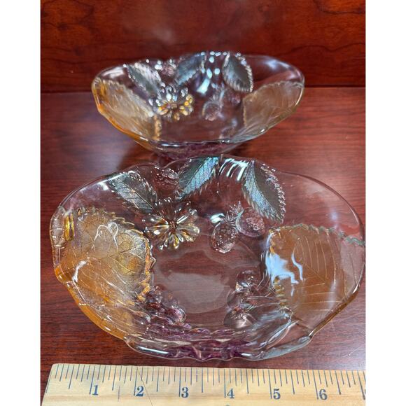 Set of 2 Mikasa Walther Crystal Oval Bowls Iridescent Grapes and Leaves Colorful - Picture 5 of 9